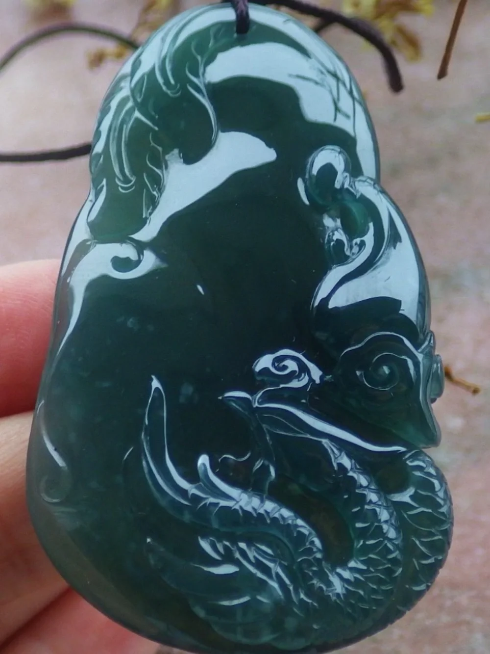 Elegant Dark Green jadeite jade phoenix pendant